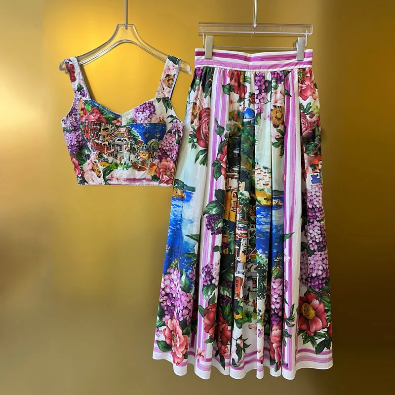 Quality Runway Summer Fall Flower Two Piece Set Women Skirts Suits Seaside Print Sexy Crop Tops T Shirts Long Maxi Skirt Outfits