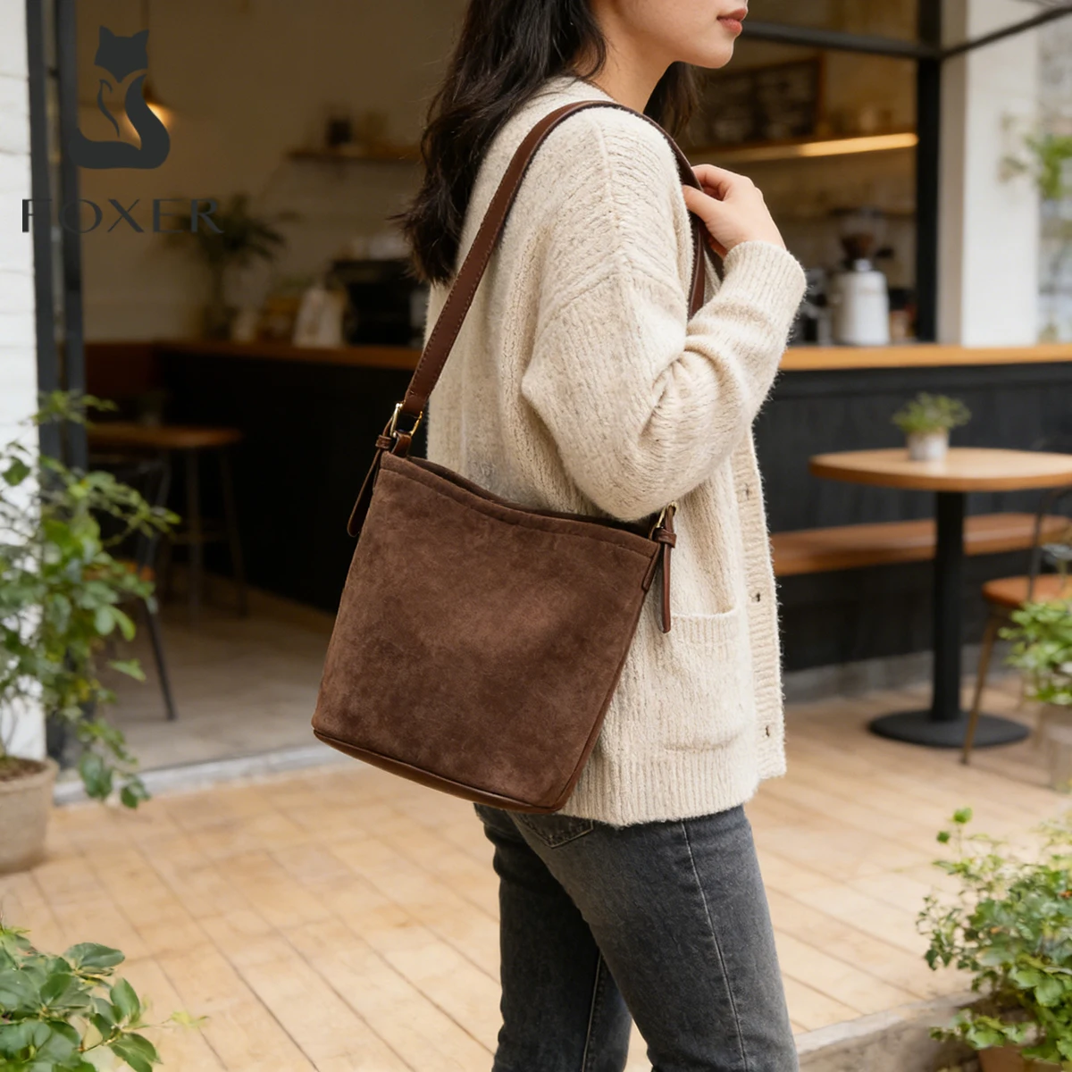 FOXER Sac à bandoulière de luxe pour femme 2-en-1, sac seau en daim tendance, sac bandoulière rétro pour femme pour les trajets quotidiens