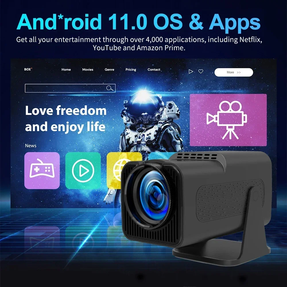 وحدة تحكم لعبة HY320 جهاز عرض صغير 4K أصلي 720P أندرويد 11 300ANSI Wifi6 BT5.0 جهاز عرض ألعاب المسرح المنزلي للخارجية
