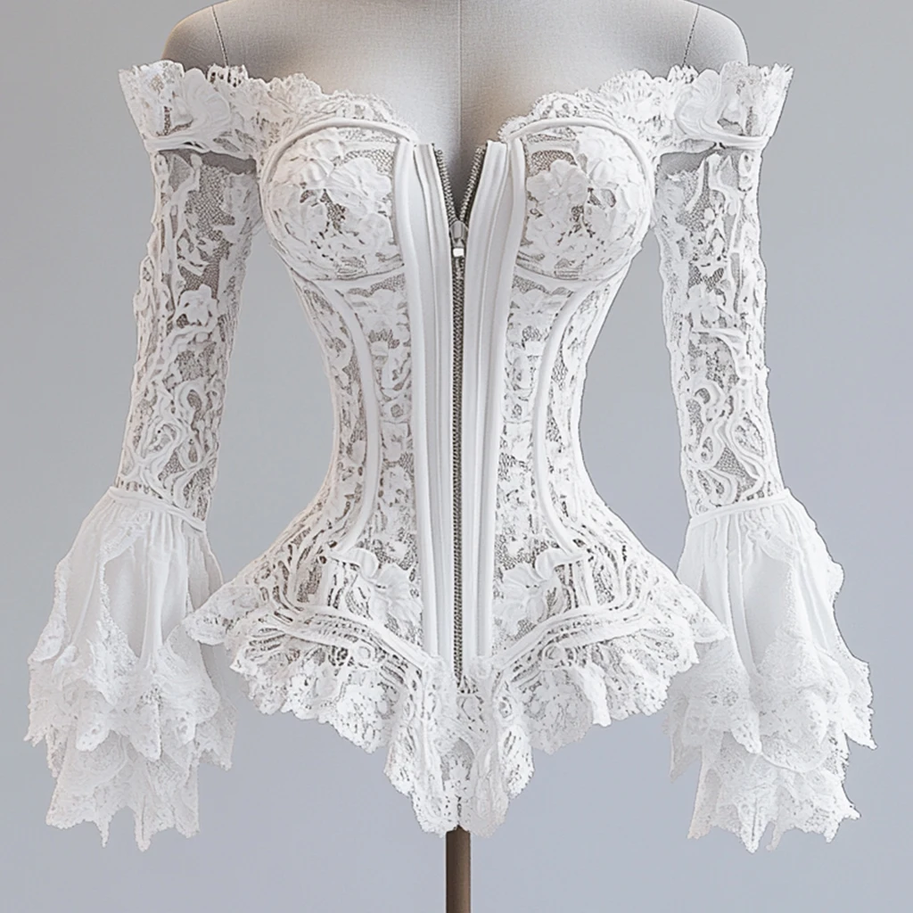 Off Shoulder Lace Blouse for Women Flare Sleeve Zipper Fly Solid Elegant Chic Sexy Hollow Out Long Sleeve Tops Irregular Hem Top