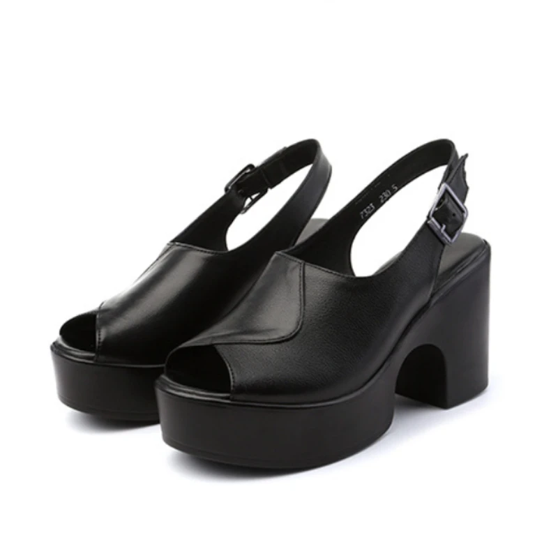 New 8.5cm Cowhide Fashionable Sandals Comfort Versatile Women High Heel Sandals 2026 British Style Summer Real Leather Sandals