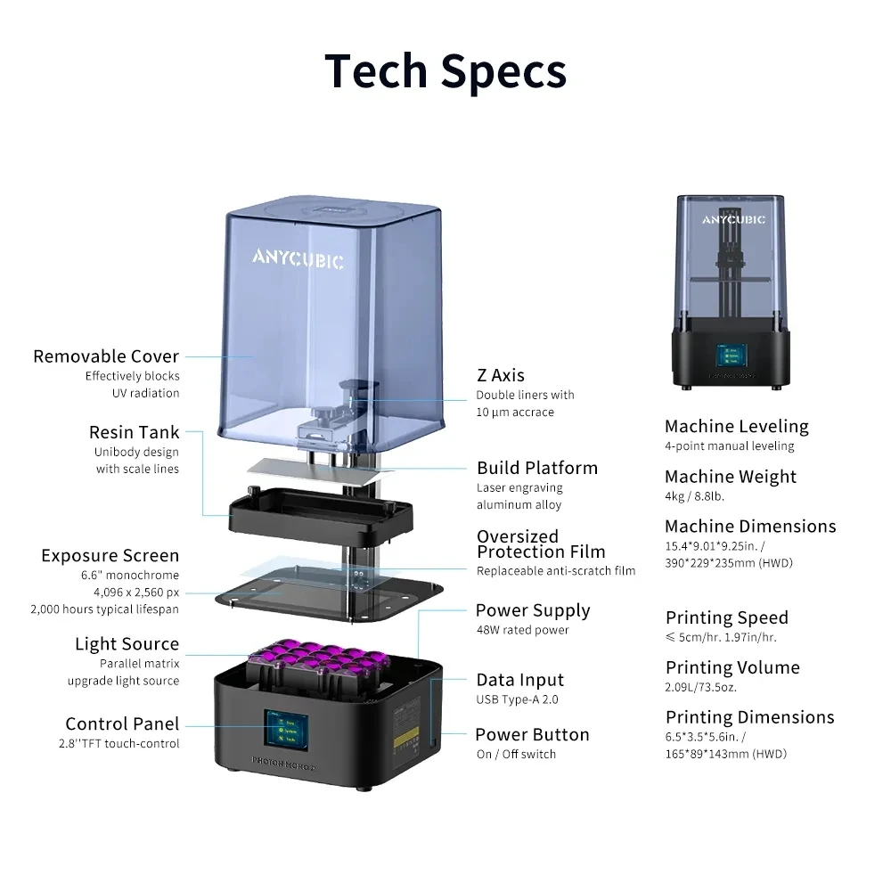 Imagem -06 - Anycubic-impressora 3d de Resina uv Photon Mono Lcd Alta Velocidade 66 Ecrã Monocromático 4k Plus 165x143x89 mm Tamanho de Impressão 3d