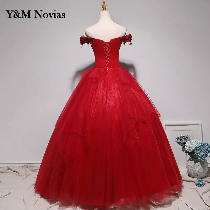 New V Neck Quinceanera Dresses Party Prom Lace Embroidery Off The Shoulder Ball Gown Wined Red Vestido De Quincianera