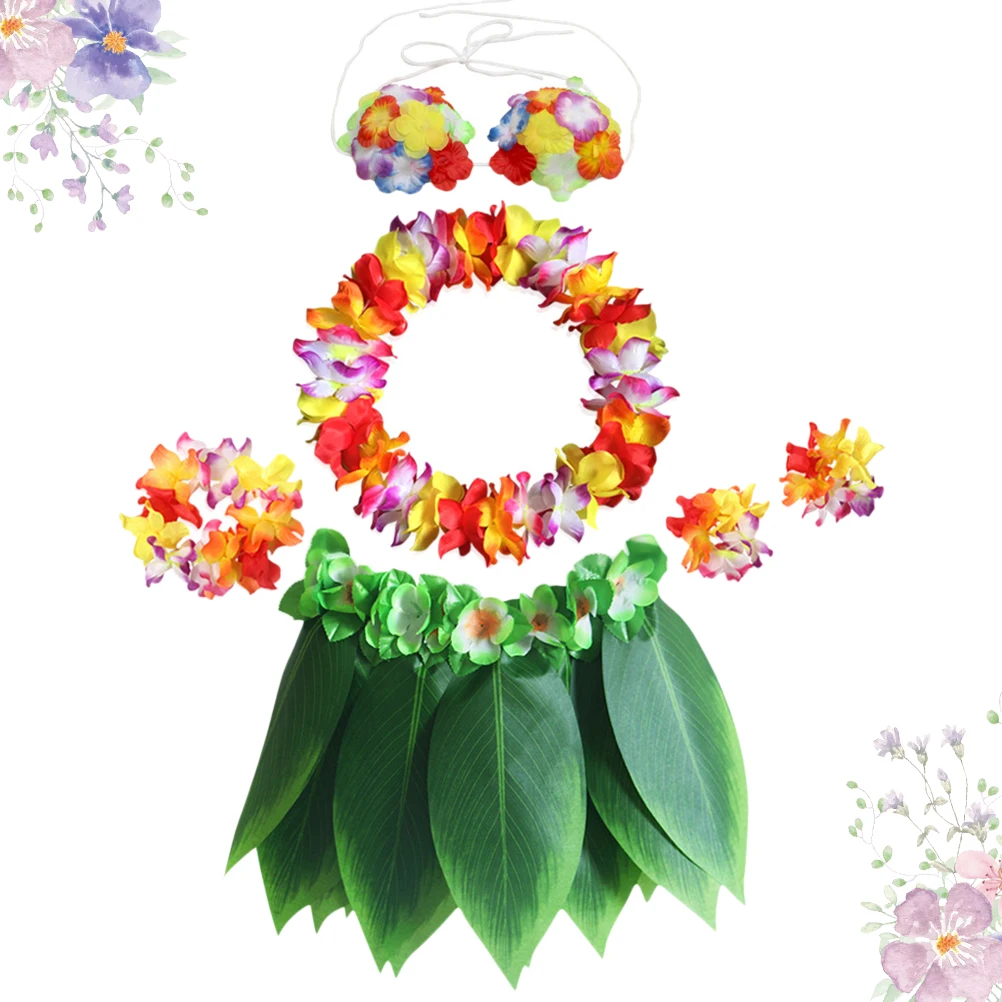 

6 Pcs Hawaiian Costume Sets Floral Leaf Skirt Luau Party Decoration Supplies Festival Beach Travel Accessories Garlands Wreath