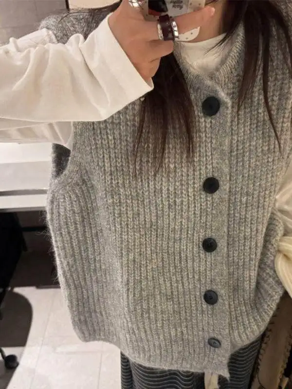 Loose Knitted Sweater Vest Women's  Color Autumn Winter New Style Versatile Lazy Korean Sleeveless Knitted Vest Design