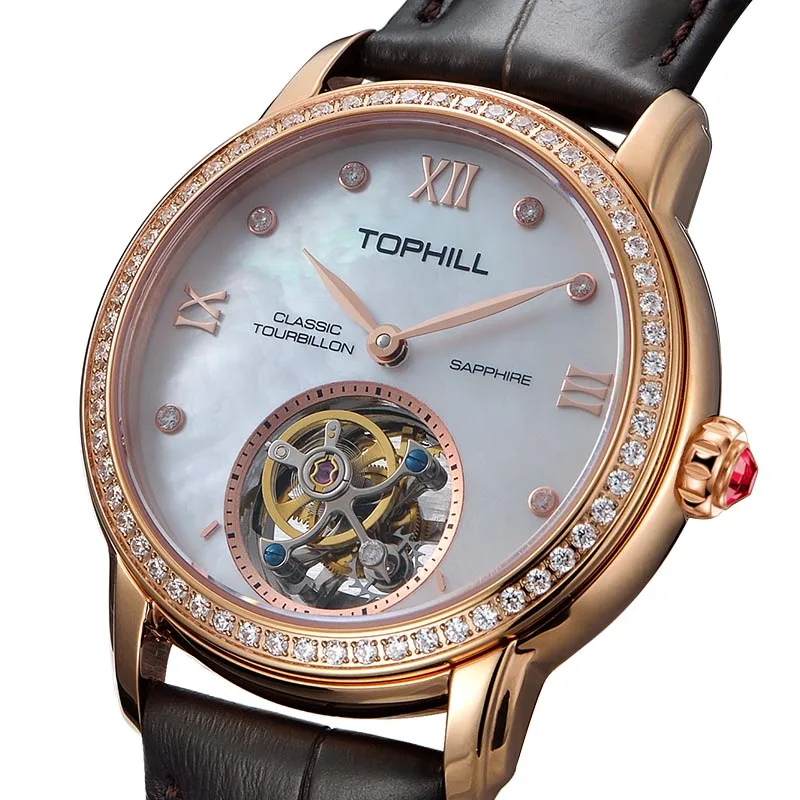 TOPHILL Luxury Automatic Tourbillon Watches 19Zuan Diamond Hollow Movement Mechanical Wristwatch Lady Sapphire Waterproof TU003L