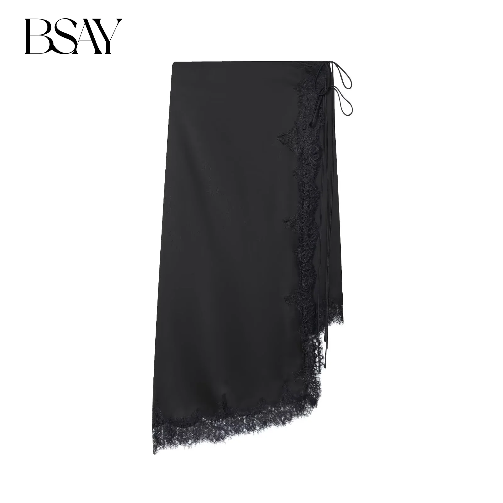 

BSAY Lace Satin Asymmetry Skirt Women Fashion Autumn Winter side zip black Chic Female High Waist Elegant Long Midi Skirts Mujer