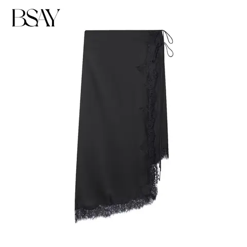 BSAY Lace Satin Asymmetry Skirt Women Fashion Autumn Winter side zip black Chic Female High Waist Elegant Long Midi Skirts Mujer
