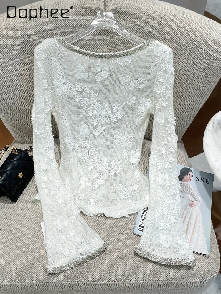 Heavy Industry Exquisite Flower Embroidery Diamond Temperament Long-sleeved Knitted Bottoming Shirt Round Neck Beaded Slim Tops