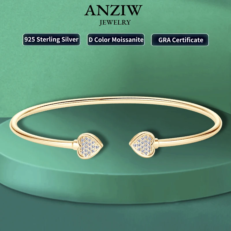 

Anziw Love Heart Moissanite Cuff Bangle 925 Silver for Women Certified Simple Charm Open Bracelet Jewelry 18k Gold Plated Gifts