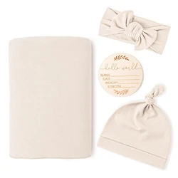 Newborn Baby Receiving Blanket with Matching Headband and Beanie Set Baby Swaddle Nursery Swaddle Wrap Set of 4