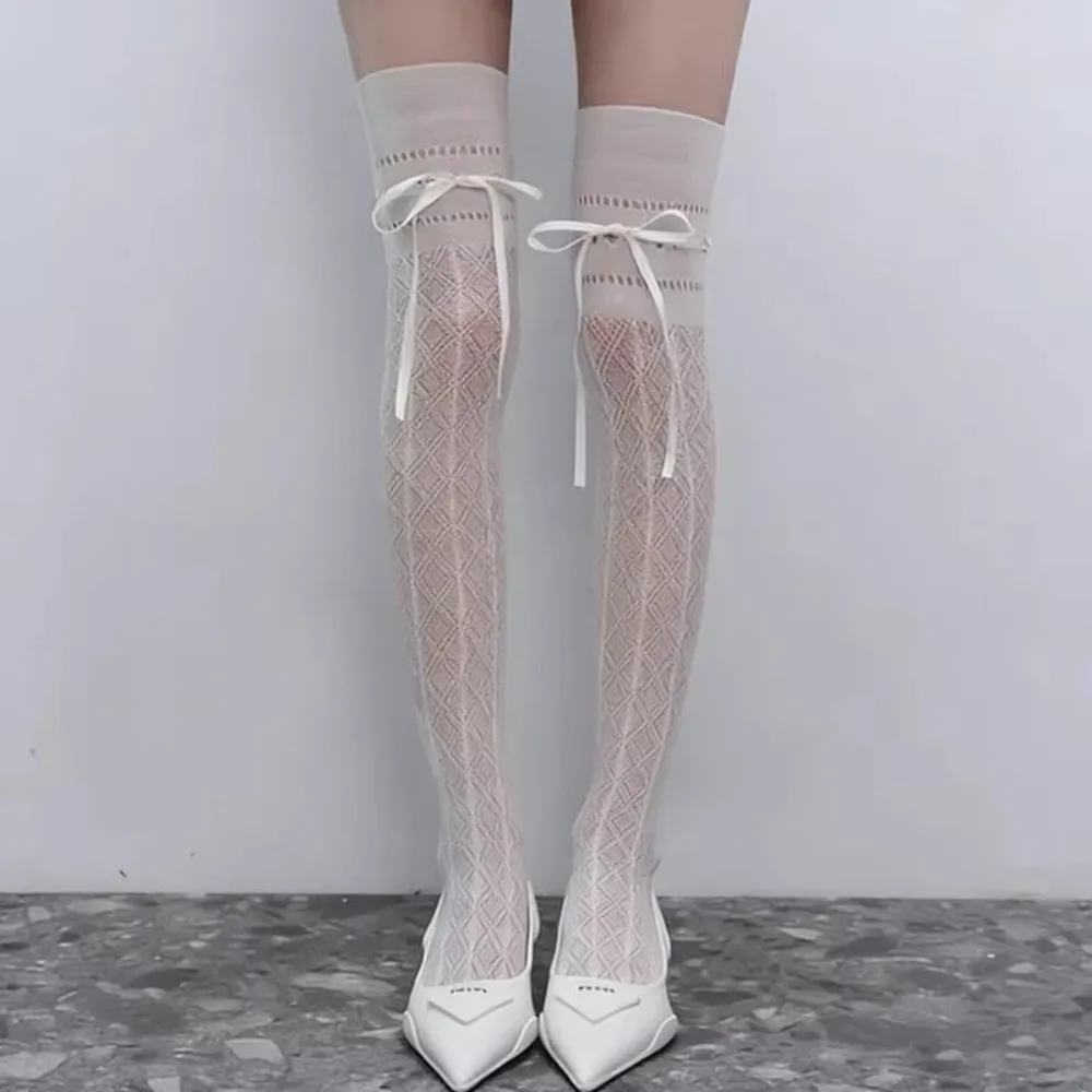 Bowknot Straps Design Thigh High Stockings Thin Fishnet Breathable Comfortable Knee High Socks Middle Tube Calf Socks