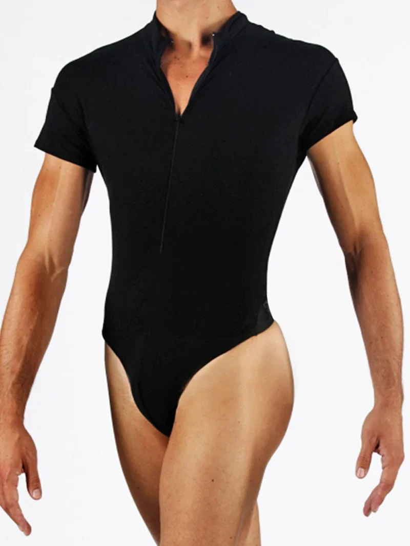 Mens Gymnastic Leotard Shorts for Ballet Dancing Short Sleeve Zipper Acrobatics Stretchy Gymnastics Leotard Jumpsuit Dancewear