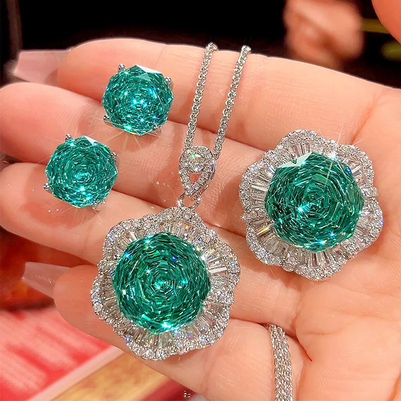 

Luxury Emerald Green Rose Cut Floral Jewelry Adjustable Ring Zircon Stud Earrings Pendant Necklace Elegant Party Accessories
