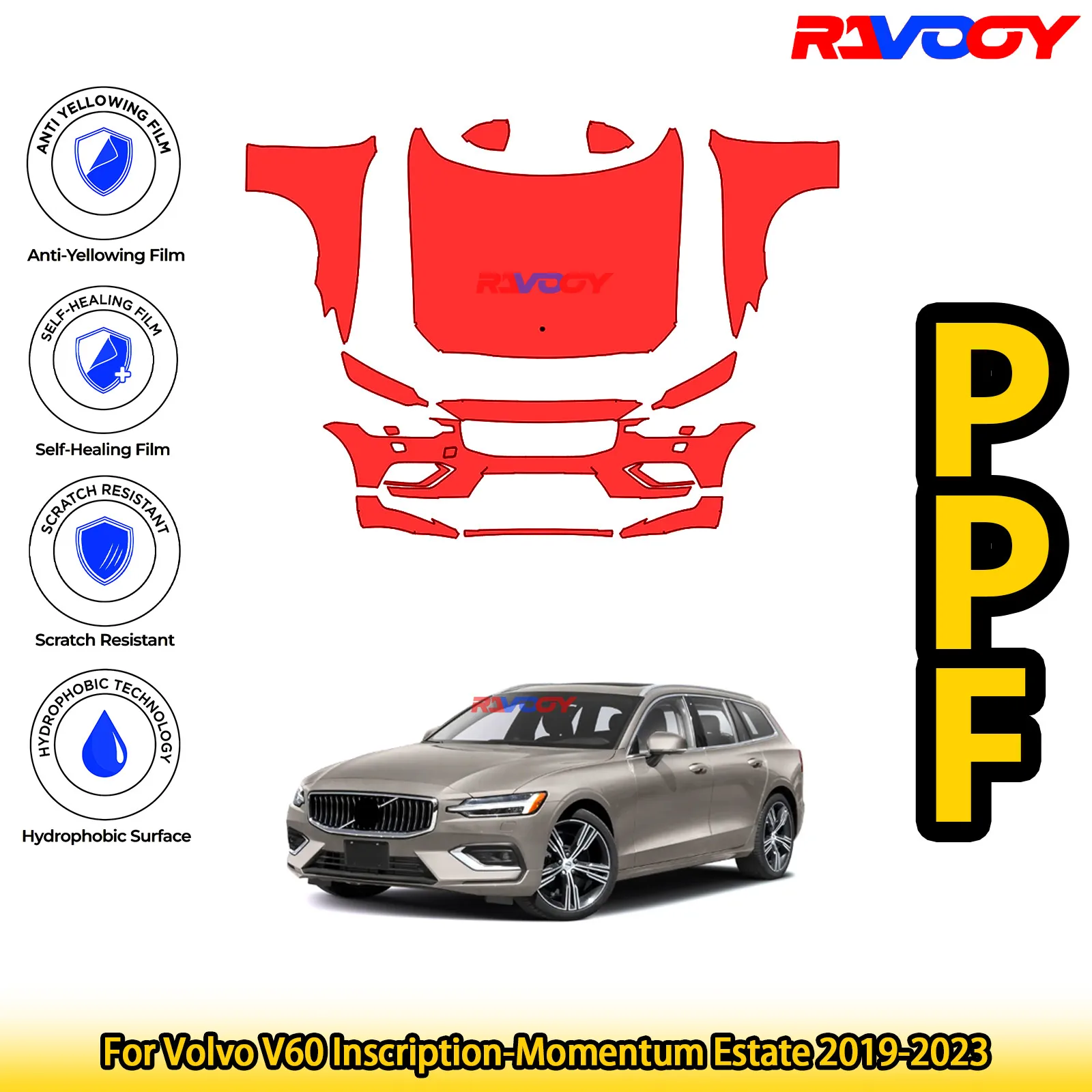 

For Volvo V60 Inscription-Momentum Estate 2019-2023 Glossy Matte Black Precut front PPF Kit Paint Protection Film