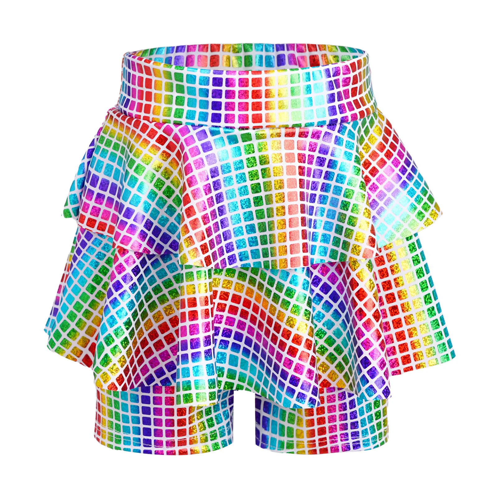 

Kids Girls Jazz Dance Skirted Metallic Plaid CulotteElastic Waistband Shorts for Practice Dancing Cheerleading Performance