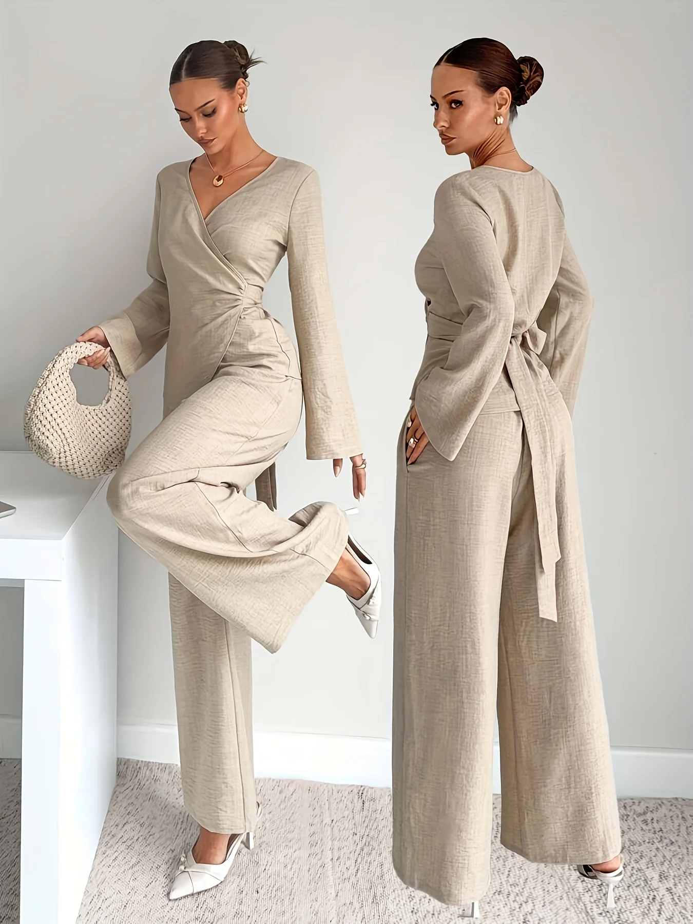 New Autumn Waist-cinching Shirt Set Elegant Two-piece Linen Shirt Casual Blazer Teacher's Day Travel Airport Wear Moderate Two-p