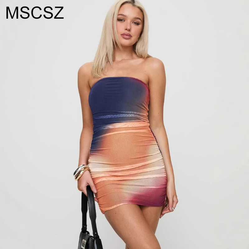 

MSCSZ Gradient Color Mesh Dress Women 2025 Strapless Ruched Bodycon Dress Slash Neck Backless Sexy Mini Dress Summer