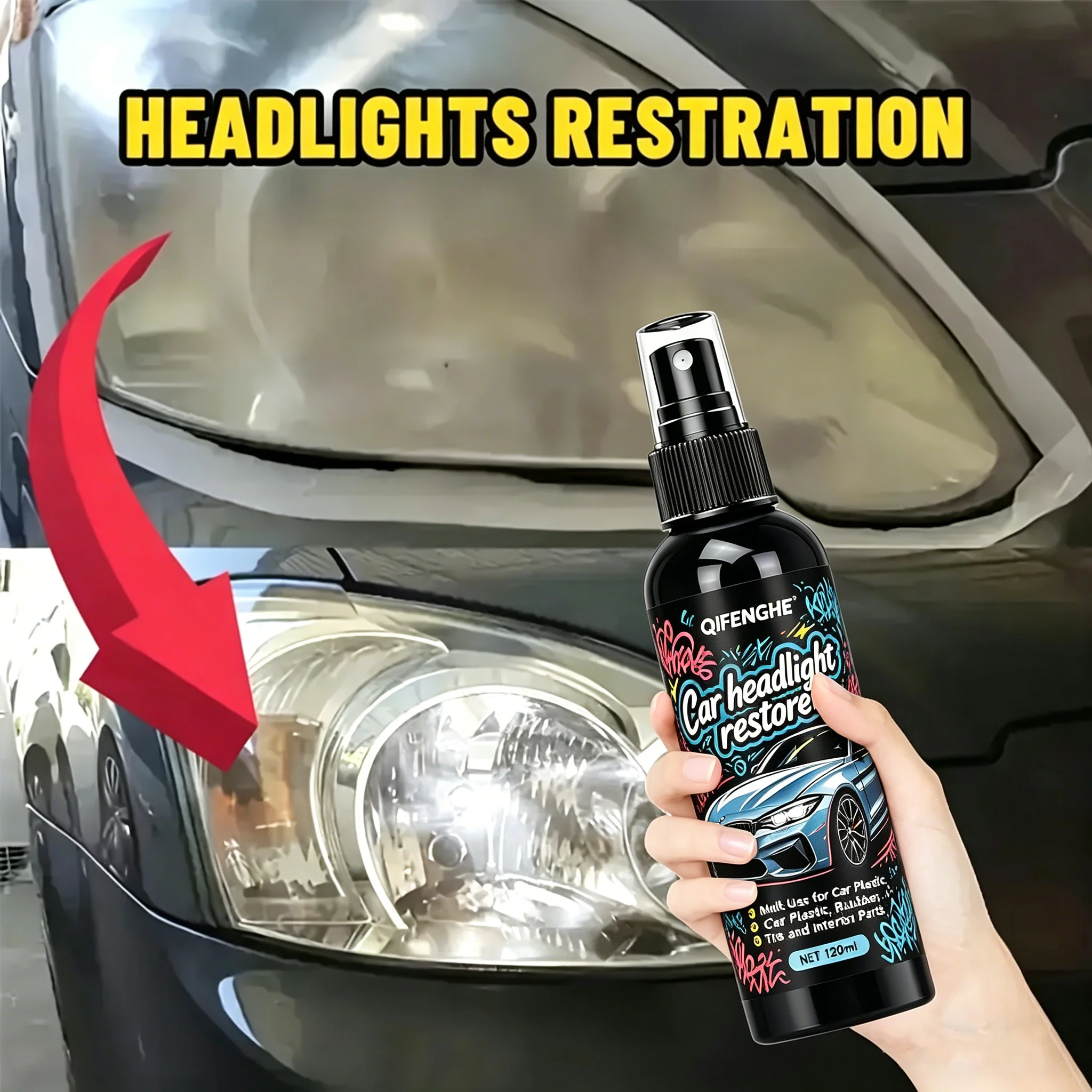 Car Headlight Restorer Spray, Headlight Restoration for Yellowing Oxidation Blurs,  Multi-Use for Car Plastic