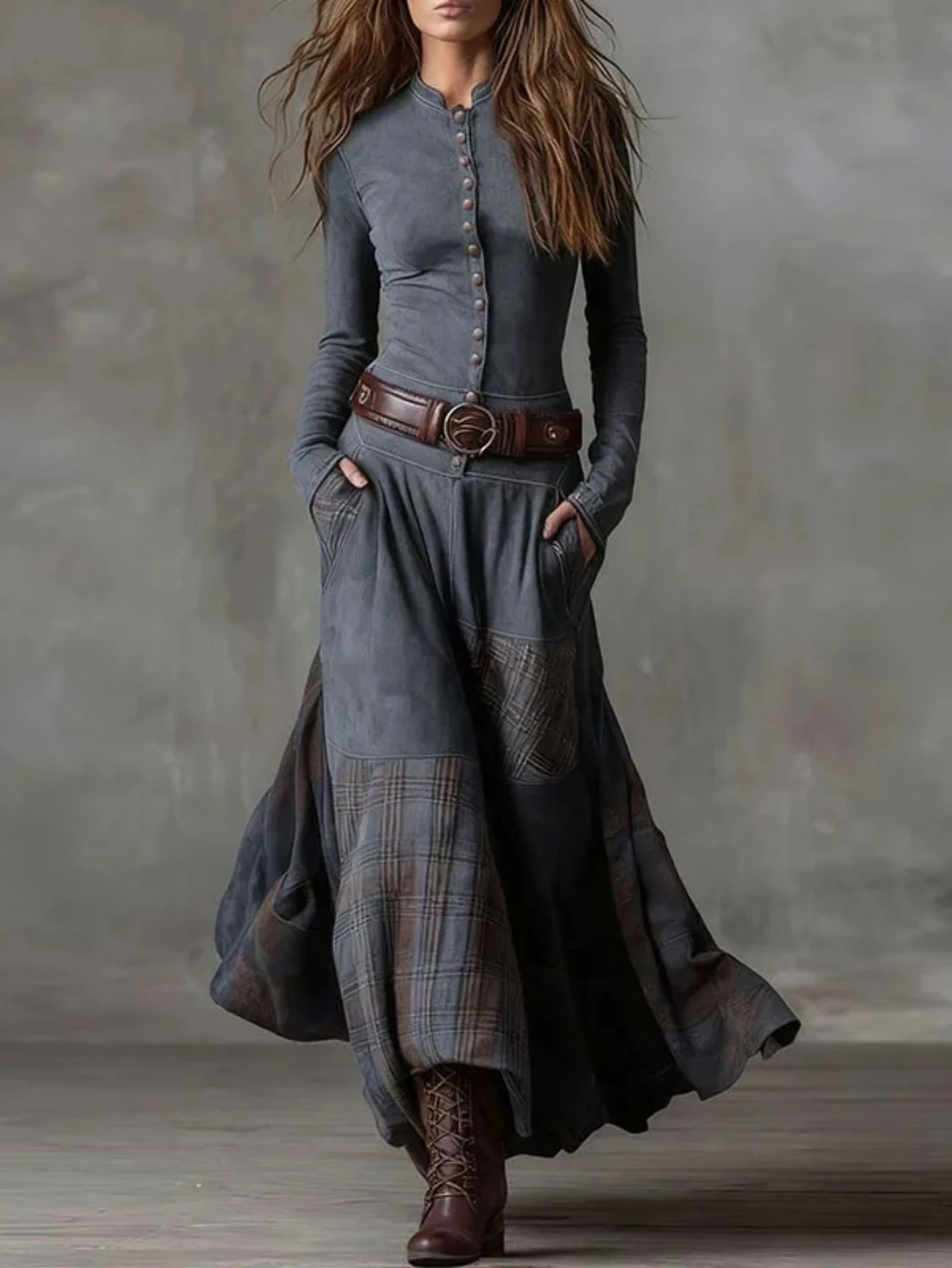 Imitation Suede Patchwork Plaid Print Maxi Dress Woman Stand Collar Button Party Dress Autumn Long Sleeve Pocket Boho Dress