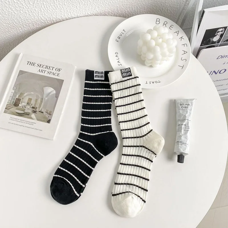 Thinsocks For Women Striped Printed Japanese Korean Style Fashion Thin Loose Middle Tube Summer Socks Luxury Solid Color MinMin