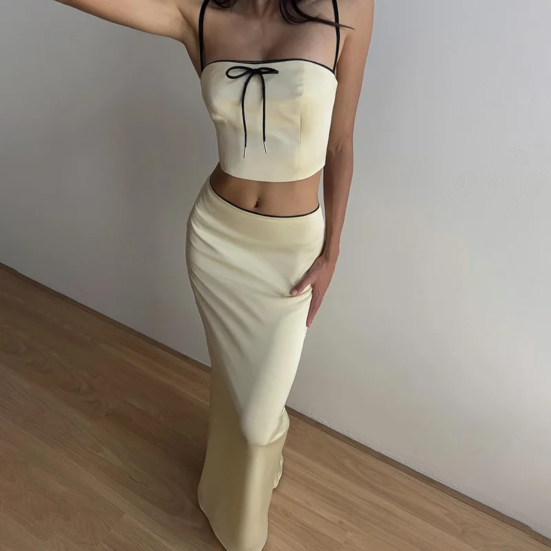 SKMY Spring 2024 New Slim Fit 2 Piece Sets Women Outfit Sexy Spaghetti Strap Bow Crop Top Long Skirt Sets Party Clubwear