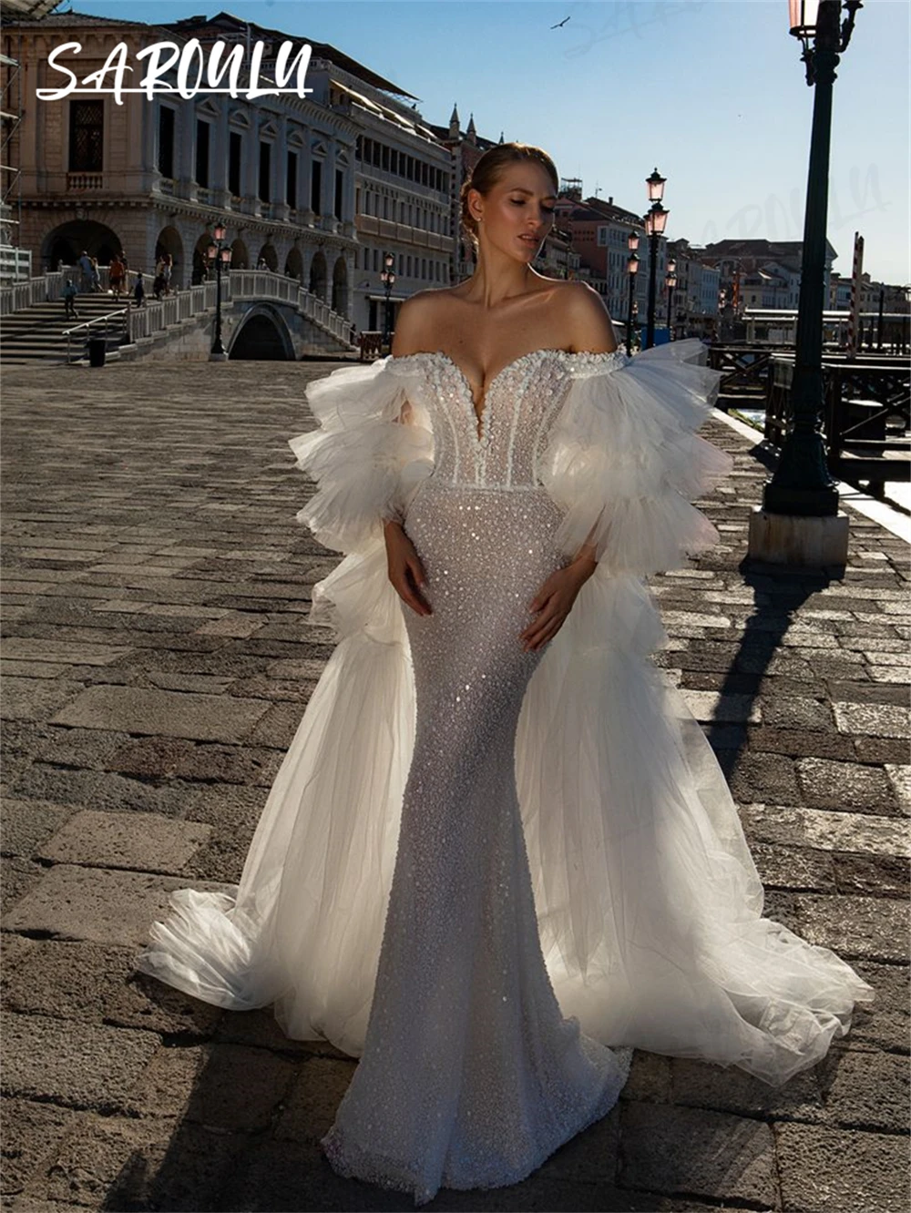 

Luxury Glitter Wedding Dress with Detachable Cape Train, Tulle Ruffled Long Bride Dresses, Customized, Off the Shoulder Bridal