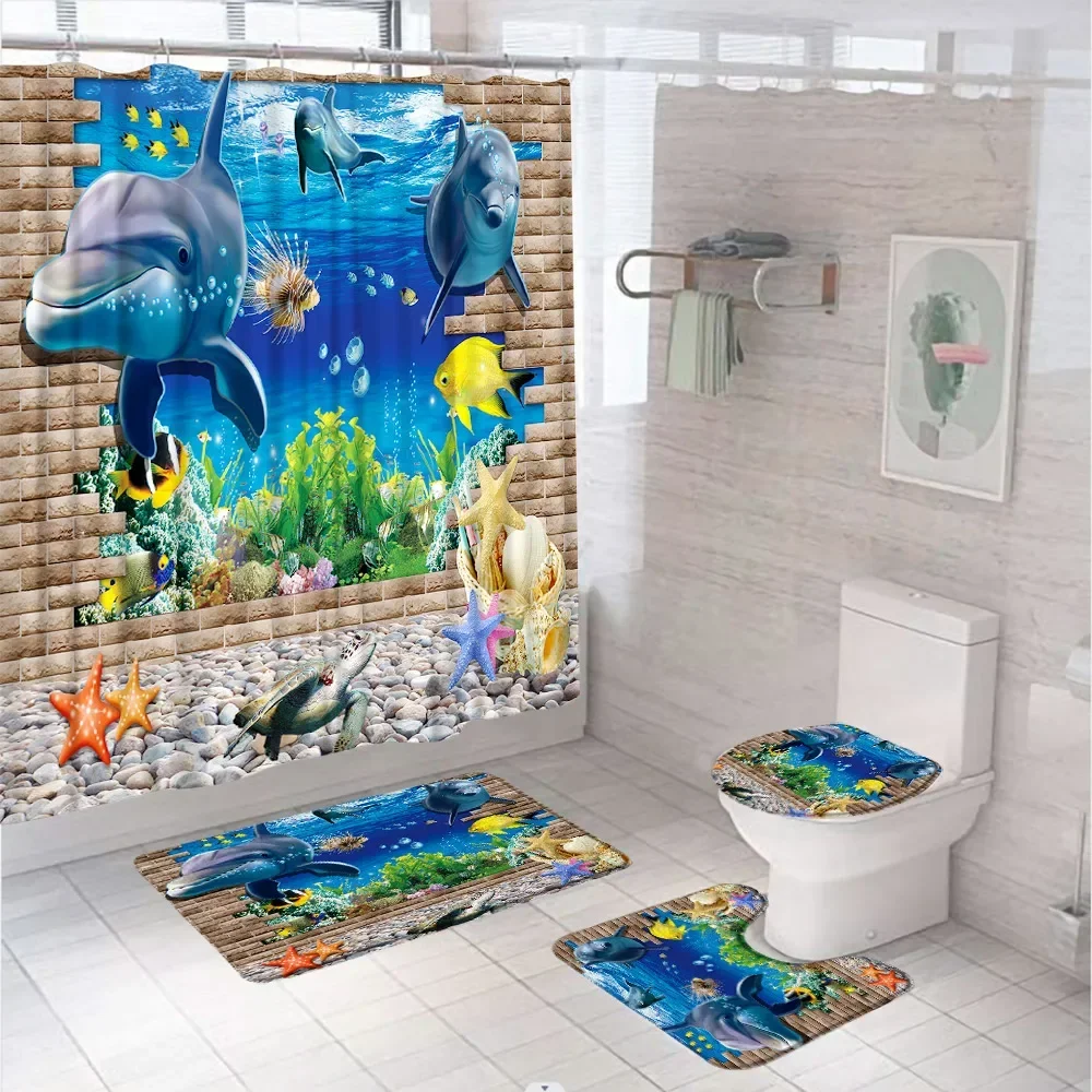 3D Dolphin Turtle Starfish Shower Curtain Sets Underwater Tropical Fish Ocean Sea Bathroom Curtains Bath Mats Rug Toilet Covers