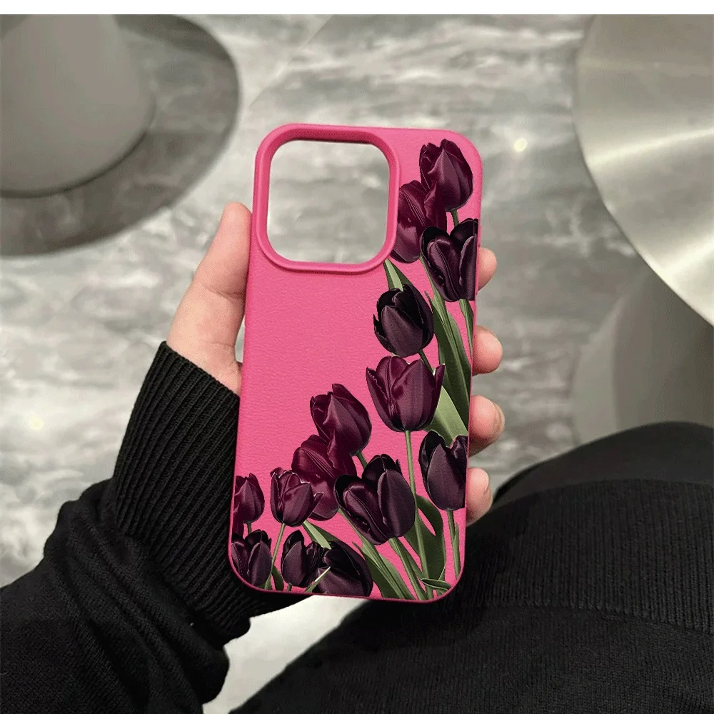 Dunkelviolette Tulpen-Handyhülle für iPhone 17 16 15 14 13 12 11 Pro Max 16 15 14 Plus 17 16 15 Pro 17Air XR XS Silikon-Matt-Abdeckung – Detail 11