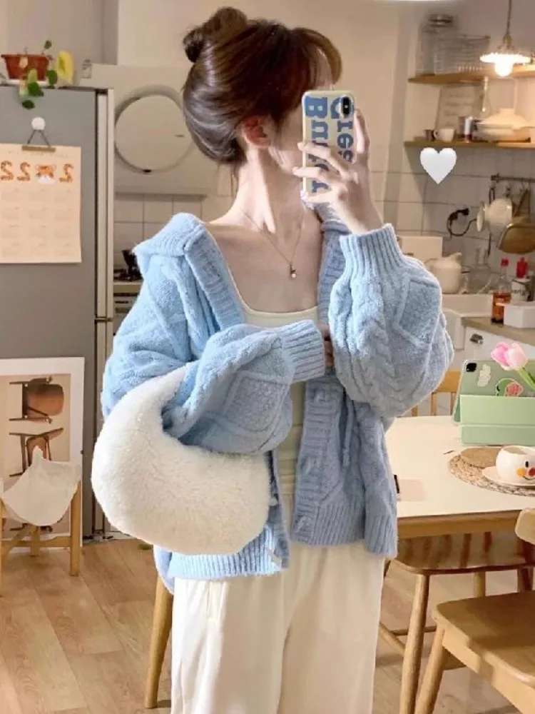 Chic Sweet Knitted Hooded Cardigan Women Fashion Loose Leisure Soft Cozysolid Simple Lovely Young Lovely Popular Coats Girls Ins