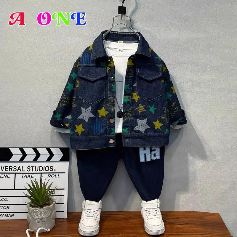 Boys' spring autumn denim suit new handsome baby children's fashionable boy jacket + pants two-piece set 2-12y