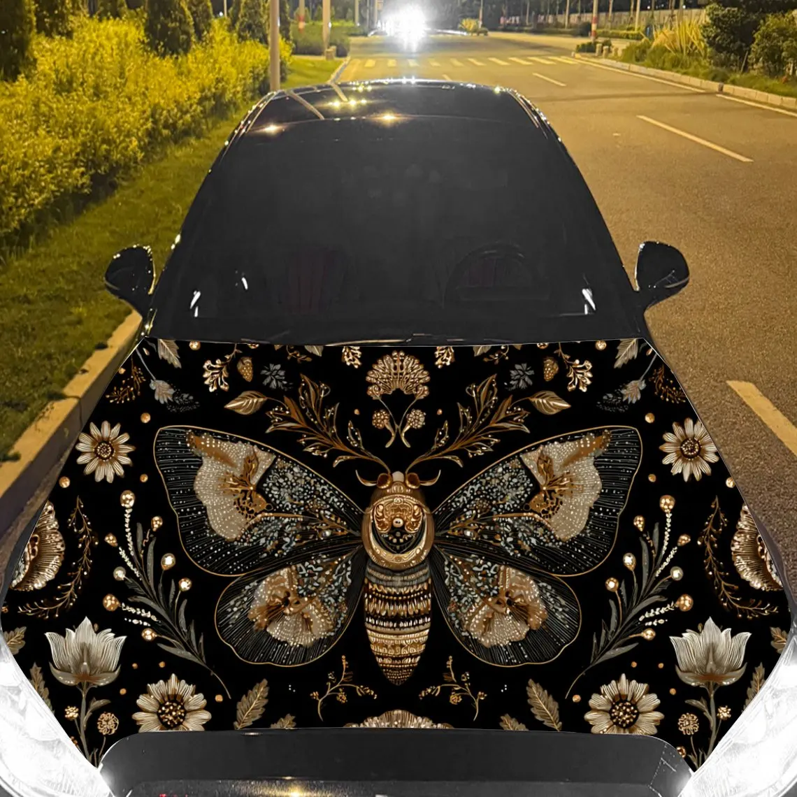 Gilded Bohemian Moth Floral Car Hood Sticker,Waterproof Self-Adhesive Vinyl Graphics Decals,Decorative Auto Accessories Stickers