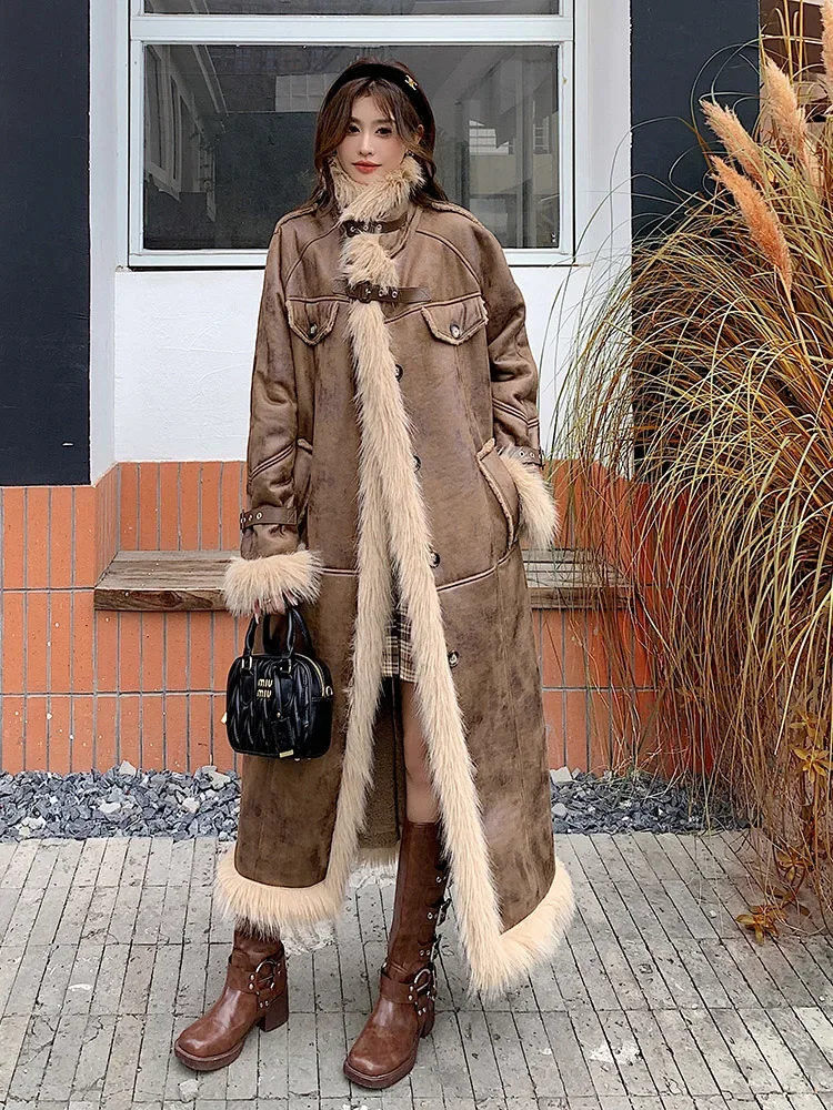 MiiiiX Casual Fleece Splicing Faux Fur Coat Long Loose Stand Collar Parkas Warm Thicken Plush Outerwear Winter Women's Clothes