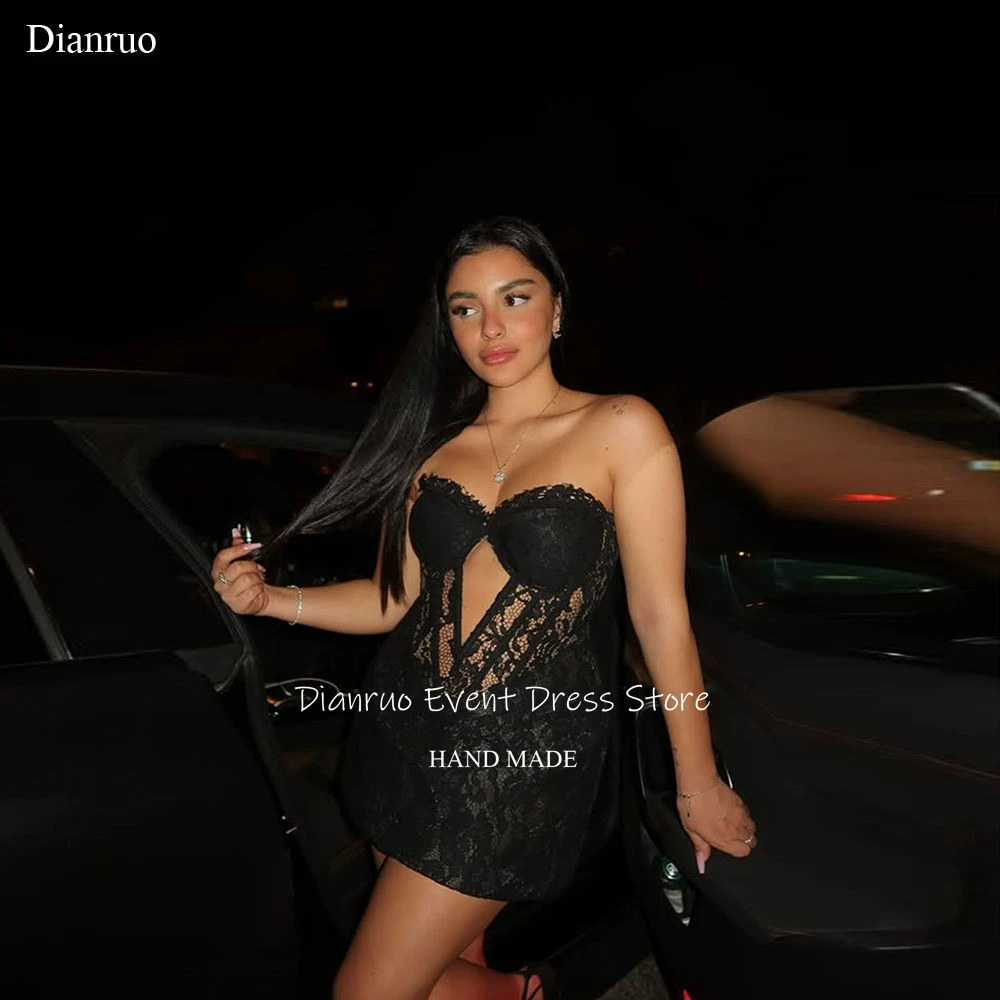 

Dianruo Sexy Lace Cut Out Homecoming Dresses Sweetheart Mini Dresses Party Night Black Appliques Cocktail Dresses Customized