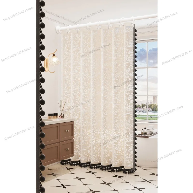 For Gauze Curtain Three-sided Hairball Fringed Shower Curtain Bathroom Waterproof Light-transmitting Partition Door Curtain