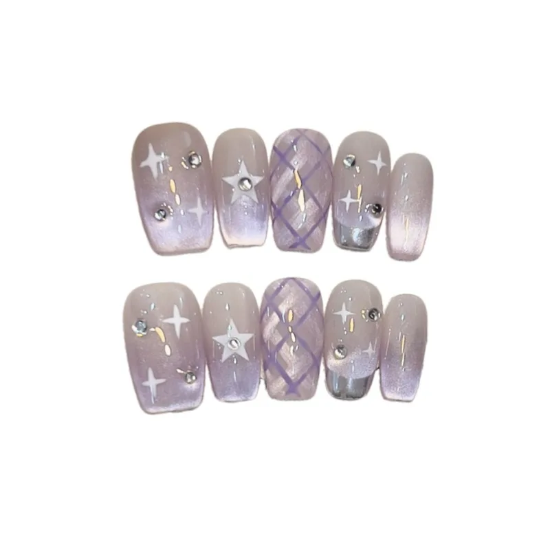 10 조각 봄 여름 레트로 달콤한 프랑스어 수제 프레스 손톱 보라색 고양이 눈 줄무늬 격자 무늬 가짜 손톱 이동식 재사용 가능