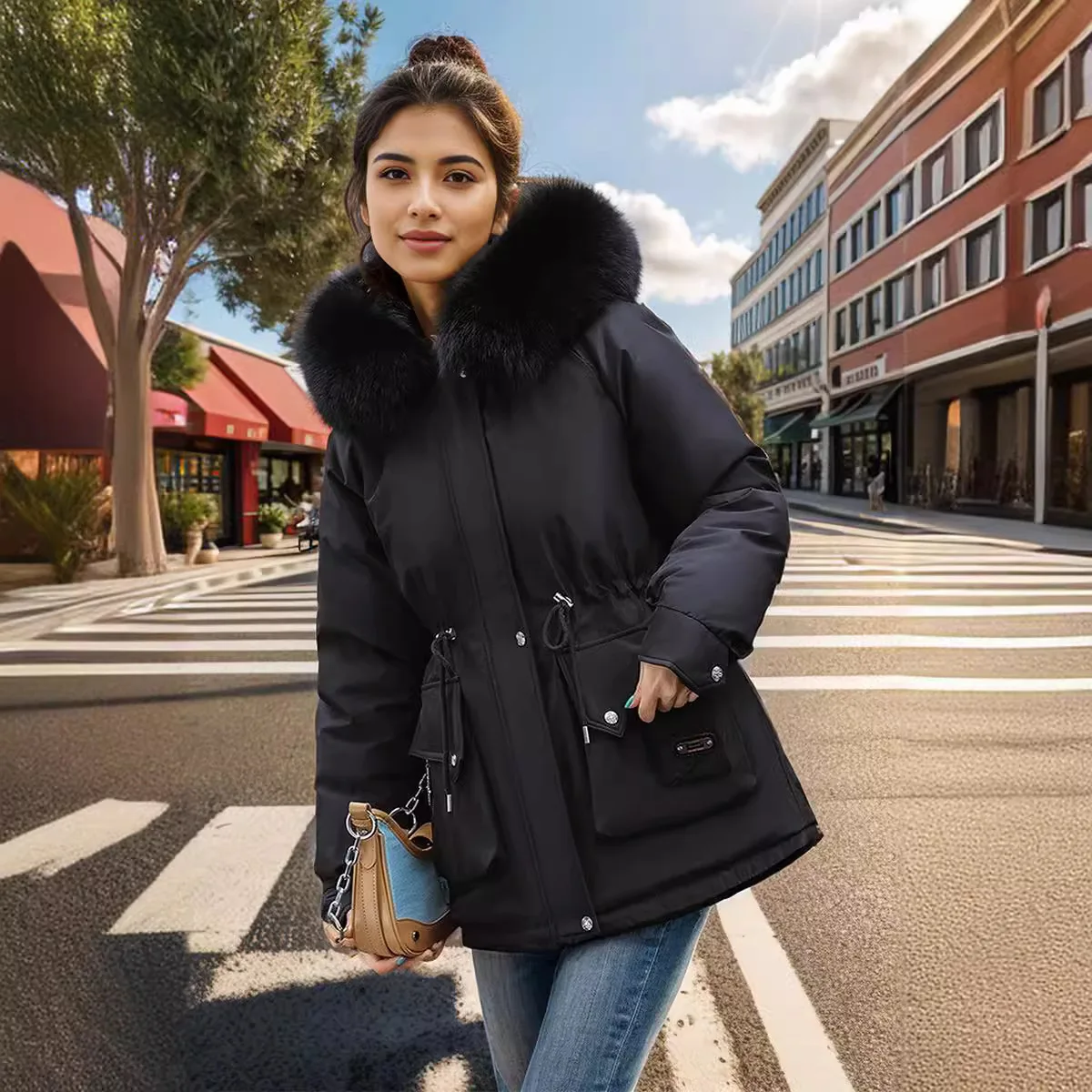 

Winter 2025 Women's Padded Jacket Female Fur Collar Warm Parkas Coats Womem's Hooded Drawstring Waist Cinching Cotton Jacket