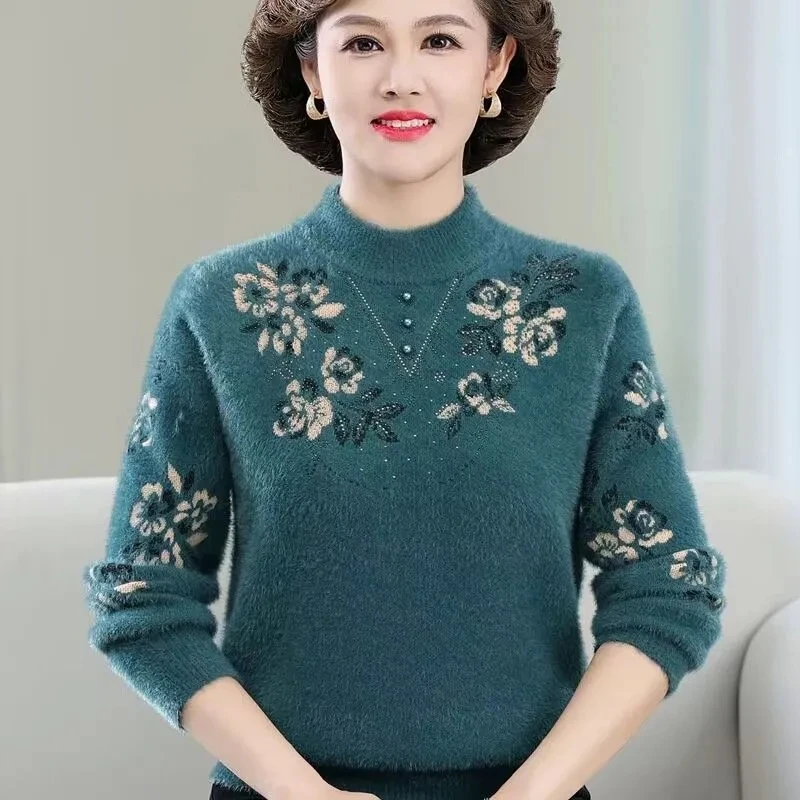 Maglione da donna alla moda Nuovo autunno inverno Camicia con fondo simile al visone Pullover lavorato a maglia Maglioni lavorati a maglia per madre di mezza età femminile