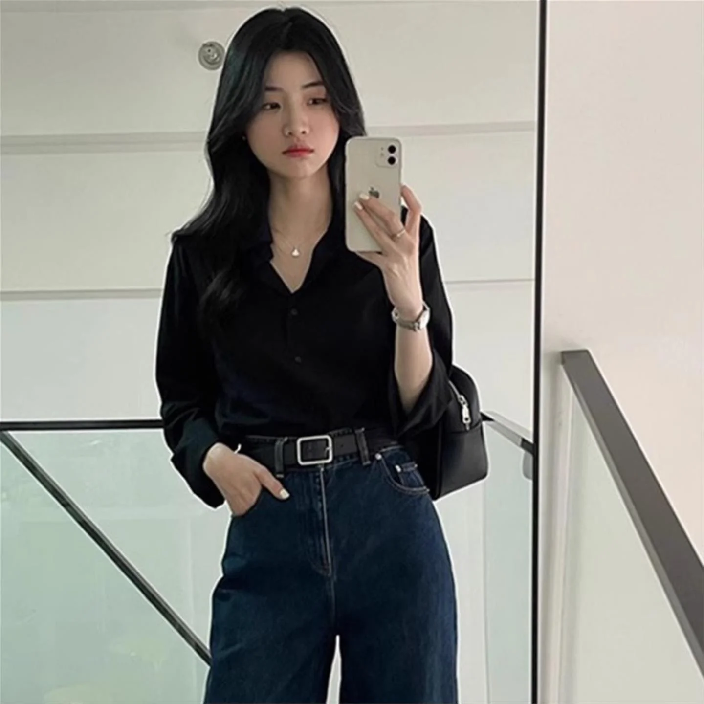 

Elegant Black Shirt Brand Button-Up Casual Sunscreen Fashionable Women's Long Sleeve Thin Glue Fiber Shirt Spring Season