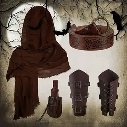 5PCS Vintage Alchemist Shawl And Arm Guard Faux Leather Wraps Set for Halloween Cosplay Medieval Sorcerer Costume Accessories