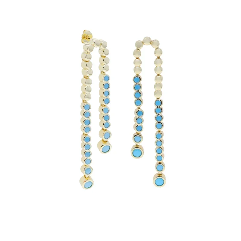 

Blue Turquoises Stone Gold Plated Double Tassel Dangle Women Fashion Earrings