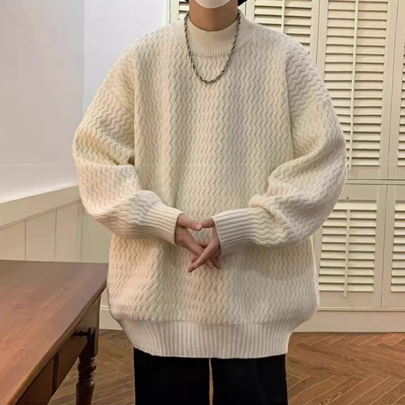 

Autumn Wavy Texture Design Knitted Sweaters For Man Solid Color Loose Crewneck Pullovers Casual Y2K Vintage Aesthetic Knitwear