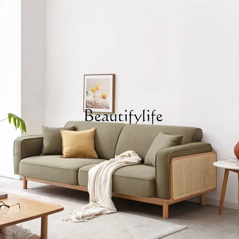 

S Rattan Sofa Combination Nordic Ash Three-Person Fabric Log Simple Modern Living Room Solid Wood