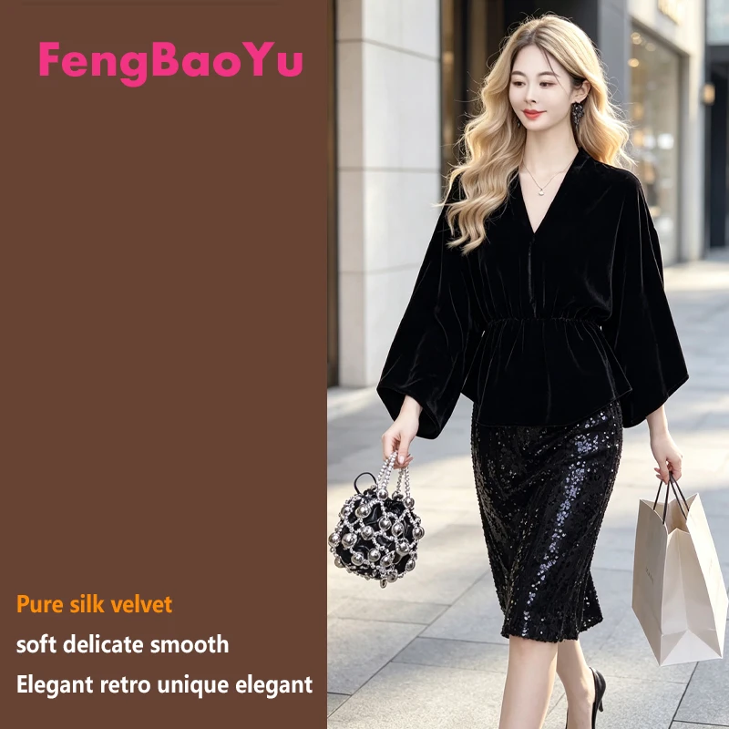 Fengbaoyu Natural Silk Velvet Women's Coat - Retro Style Elegant Shirt - Outdoor Leisure Loose Comfortable Fashion Luxury