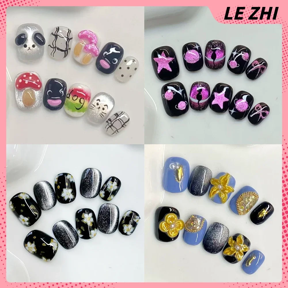 

10Pcs Cat Eyes Handmade Summer Press On Nails Kawaii Cat Panda Firework 3D Flowers Diamond Short Square Round Full Cover Nail