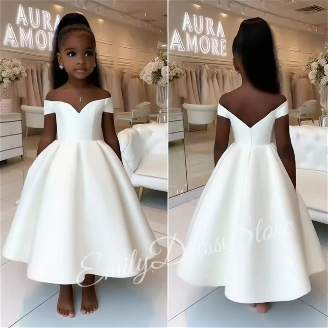 Customized White Satin Flower Girl Dresses For Wedding Simple Off The Shoulder Puffy Kids Birthday Party First Communion Gown