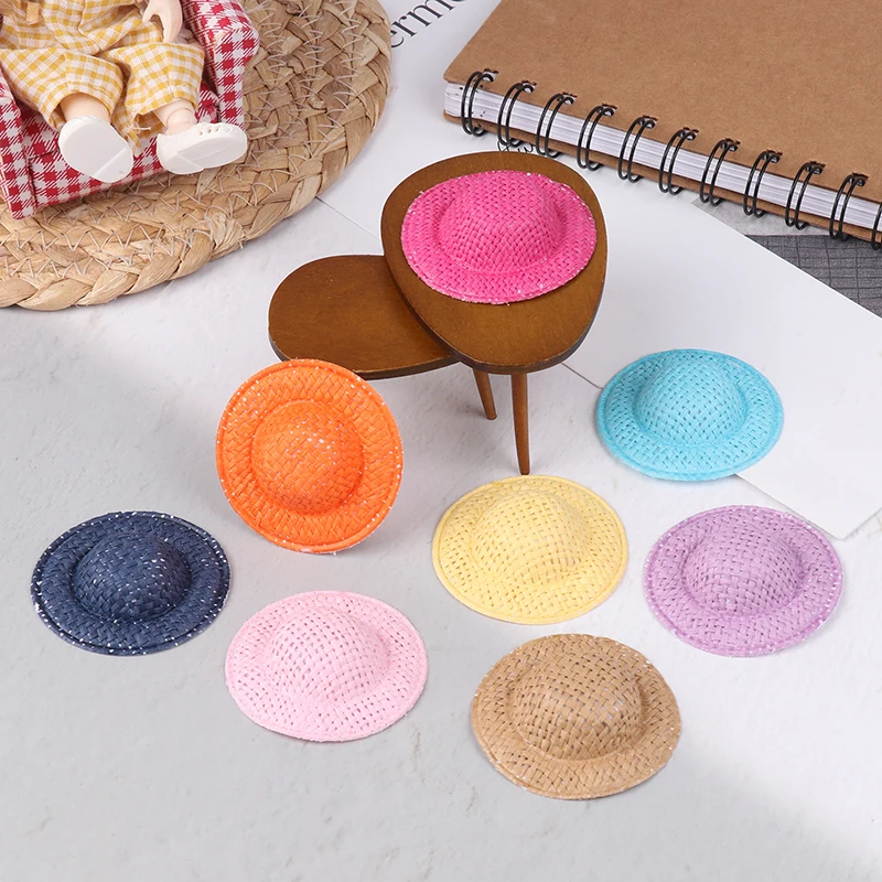 5Pcs Dollhouse Hand-Woven Straw Hat Mini Colored Hat Decoration Accessory Kid Pretend Play Toy