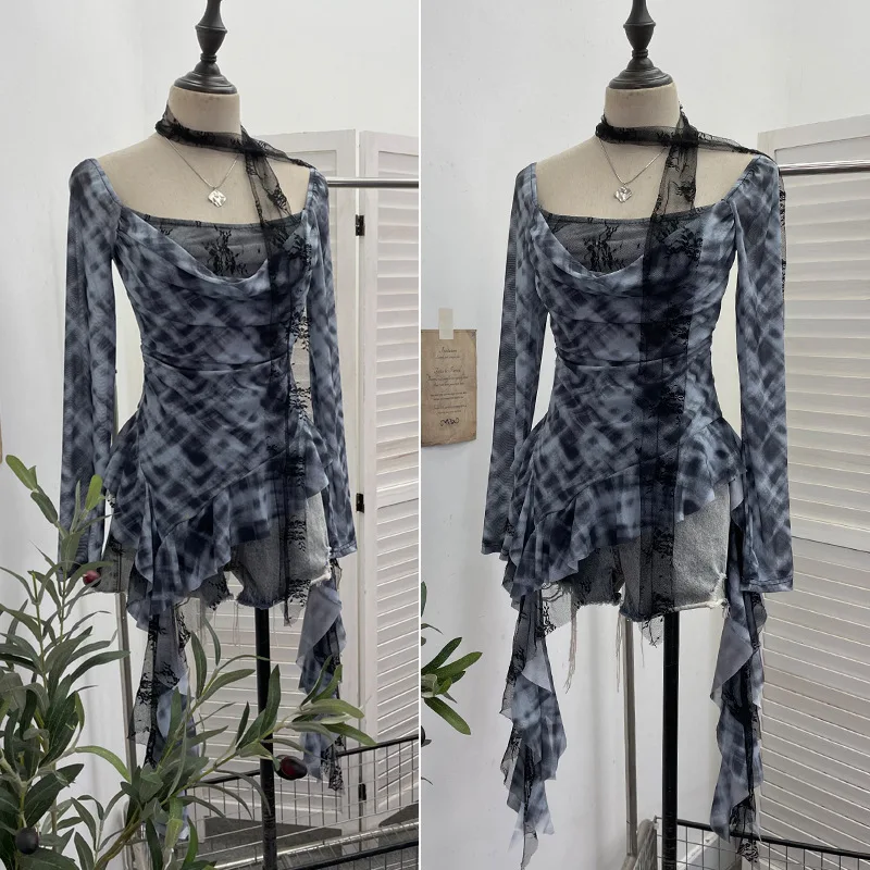 ISAROSE Vintage Y2K T-shirt for Women Plaid Square Collar Stretch Mesh Lace Patchwork Long Sleeves Asymmetrical Ruffle Tops view 4