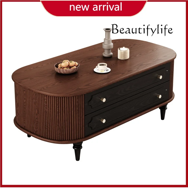 

ZL French Retro Oval Ash Wood Solid Wood Coffee Table TV Cabinet Small Apartment Large Storage Household Simple