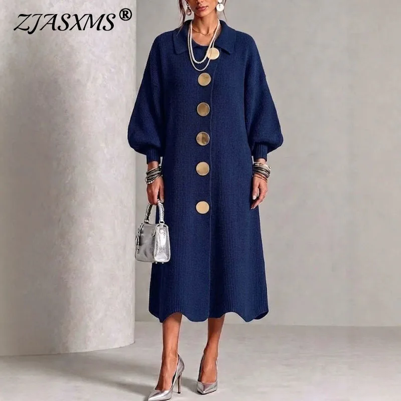 Women Solid Knit Cardigan Dress Lapel Collar Puff Lantern Sleeve Big Button Front Maxi Dress New Winter Open Front Sweater Dress
